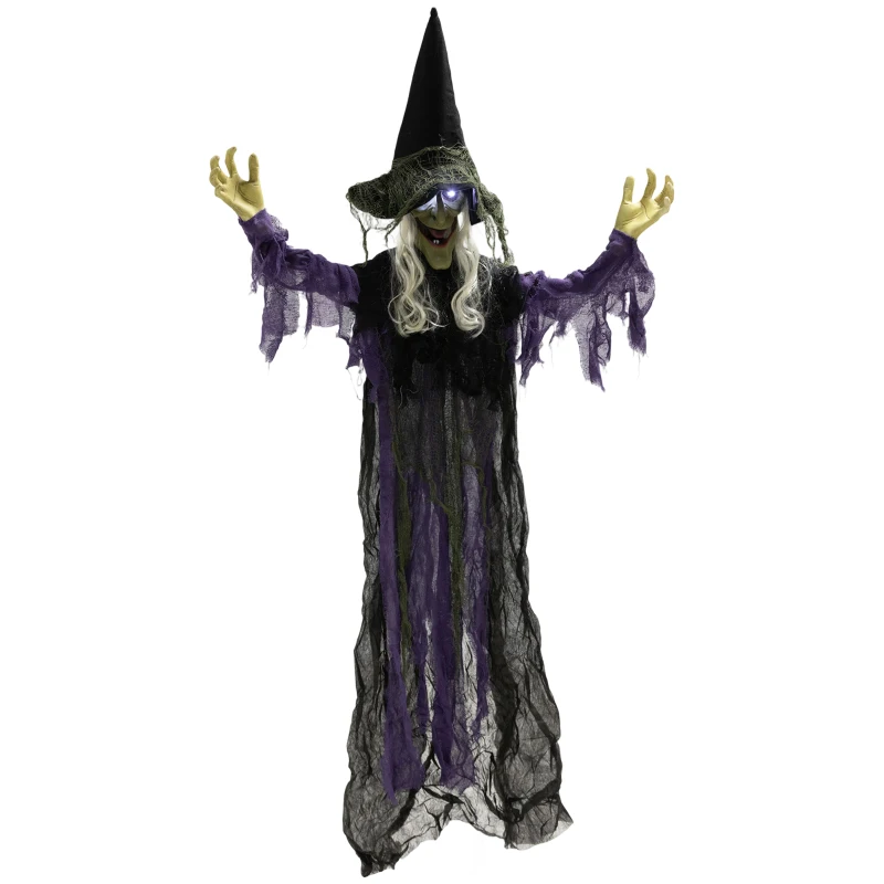 Outsunny 183 cm Life Size Halloween Animated Hanging Witch with Glowing LED Eyes, Spooky Witch Scary Halloween Decorations, Battery Operated, Indoor Party Props