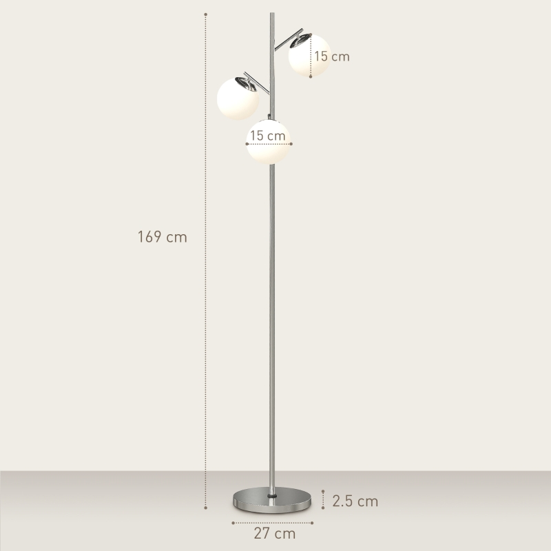 HOMCOM 3-Light Tree Floor Lamps for Living Room, Modern Standing Lamp for Bedroom with Globe Lampshade, 3000K/4000K/6000K Colour Temperatures, Steel Base, Silver Tone