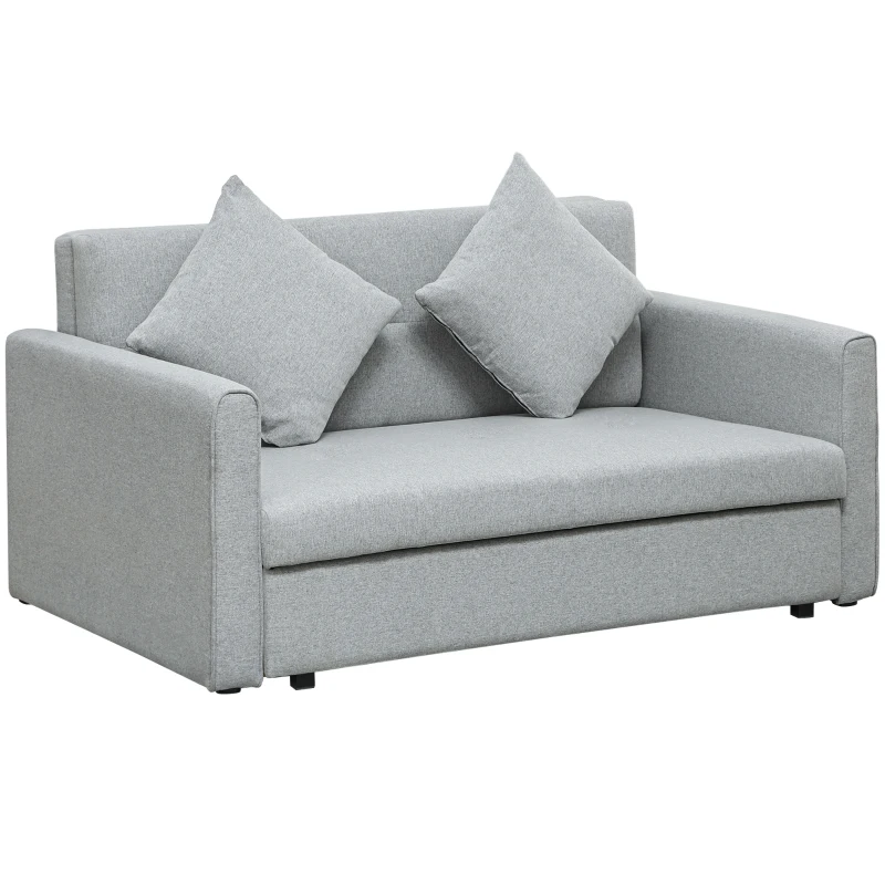 HOMCOM 2 Seater Sofa Bed with Hidden Storage, Pull Out Convertible Bed Settee, Modern Linen Loveseat Sofa Sleeper with 2 Cushions for Living Room, Guest Room, Light Grey