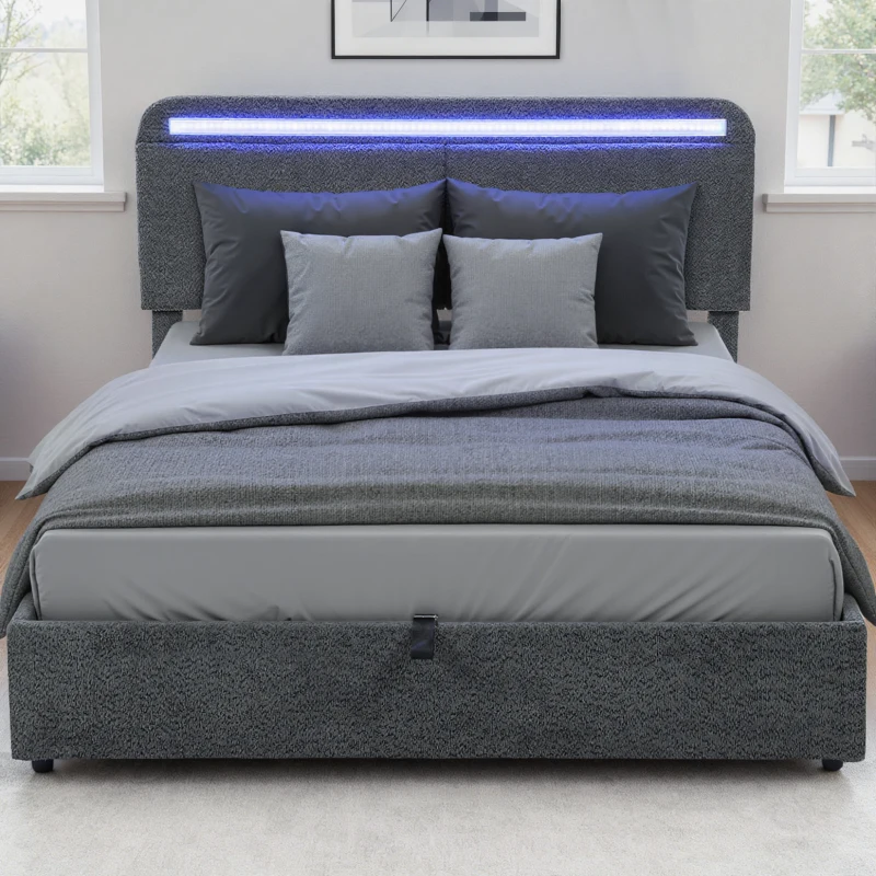 HOMCOM Lit coffre 140 x 190 cm avec éclairage LED, tête de lit réglable, cadre de lit double, sommier à lattes en bois, gris