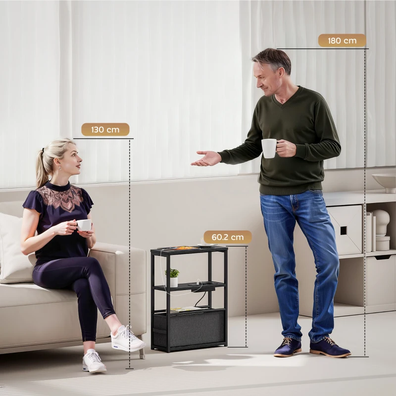 HOMCOM Beistelltisch Sofatisch mit Steckdosenleiste, Ablage, für Kleine Räume, 45x18x60,2cm, Schwarz