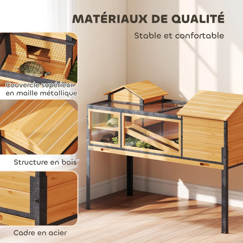 PawHut Maison pour tortues à 2 étages 2 chambres fenêtres rampes toit ouvrable et plateau 128 x 63 x 96 cm jaune