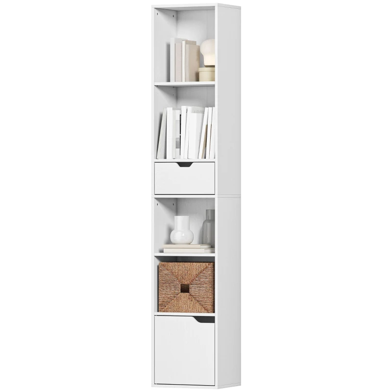 HOMCOM 6-Tier Bookcase, Tall Narrow Bookshelf with Drawer and Door - White