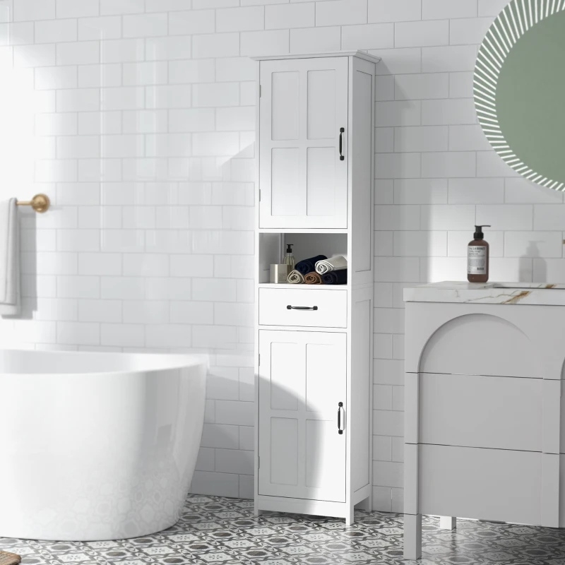 kleankin Columna de Baño con 2 Puertas 1 Cajón Estante Abierto y 2 Armarios con Estante Ajustable 40x30x164 cm Blanco