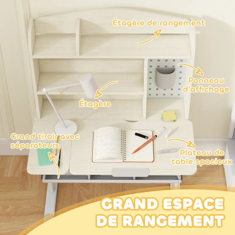 AIYAPLAY Bureau pour enfants, table d'étude réglable en hauteur avec plateau inclinable, 80 x 51 x 108,5-130,5 cm, naturel