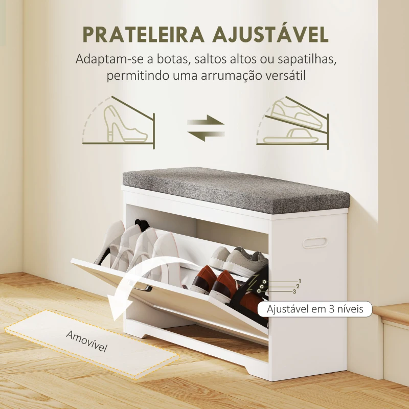 HOMCOM Banco Sapateira Moderno com Assento Acolchoado Prateleira Ajustável para 8 Pares de Sapatos 80x30x50 cm Branco