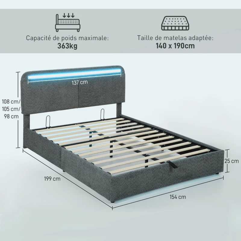 HOMCOM Lit coffre 140 x 190 cm avec éclairage LED, tête de lit réglable, cadre de lit double, sommier à lattes en bois, gris