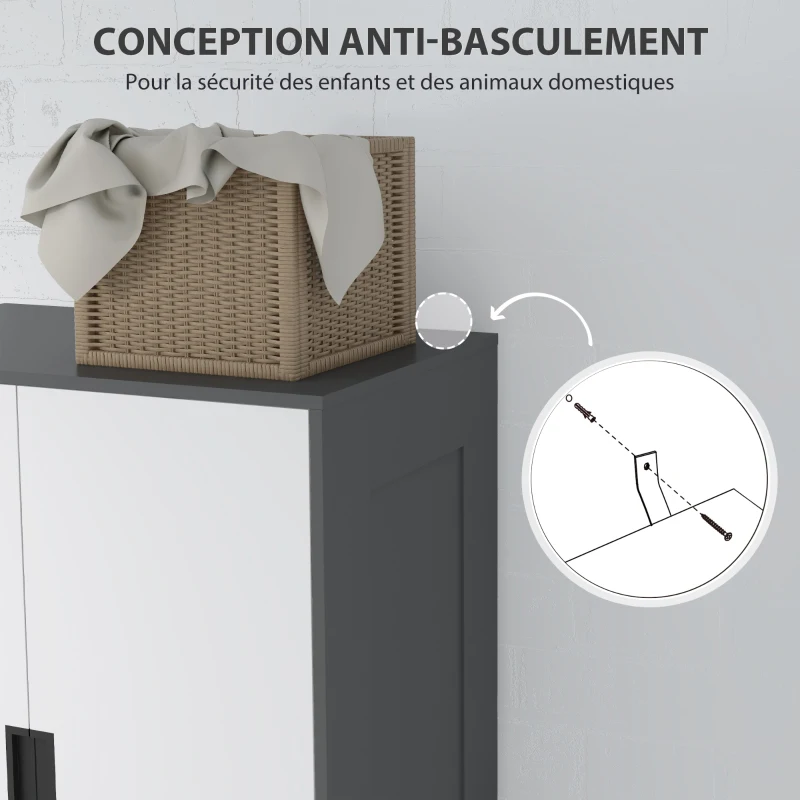 HOMCOM Armoire chambre penderie avec 2 portes à fermeture douce, 3 tiroirs et barre de suspension, 80x50x180cm, gris et blanc