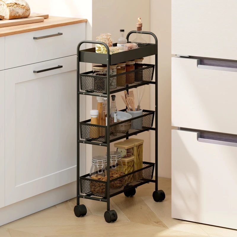 HOMCOM Chariot de rangement à 4 niveaux, desserte à roulettes, 3 paniers coulissants, panier supérieur 19 x 43,2 x 80 cm noir