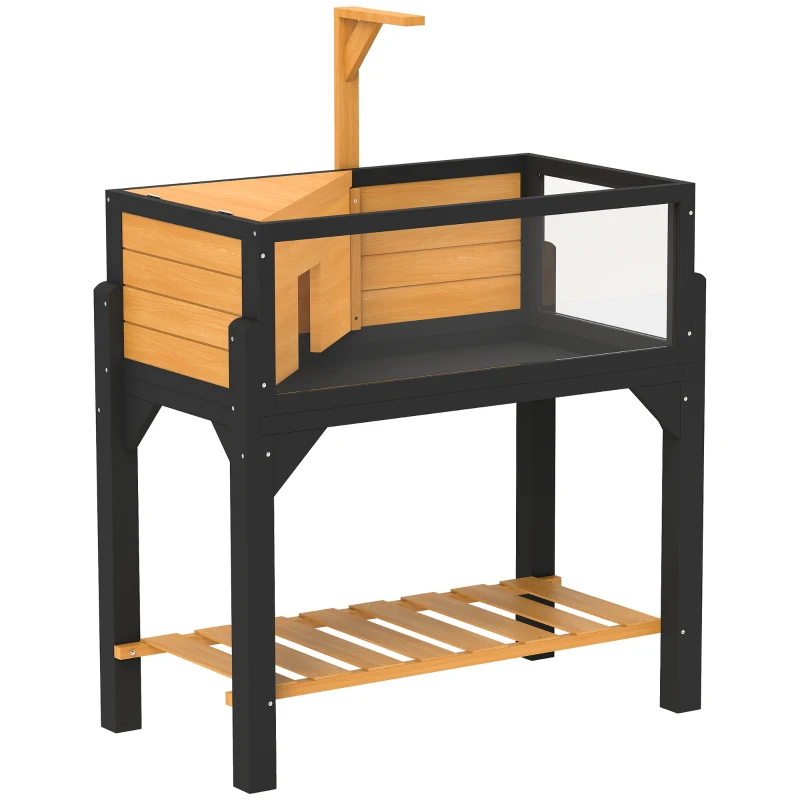 PawHut Wooden Tortoise House with Storage Shelf, Clear Observation Windows, Lamp Holder, Openable Top, Built-in Tray, Yellow