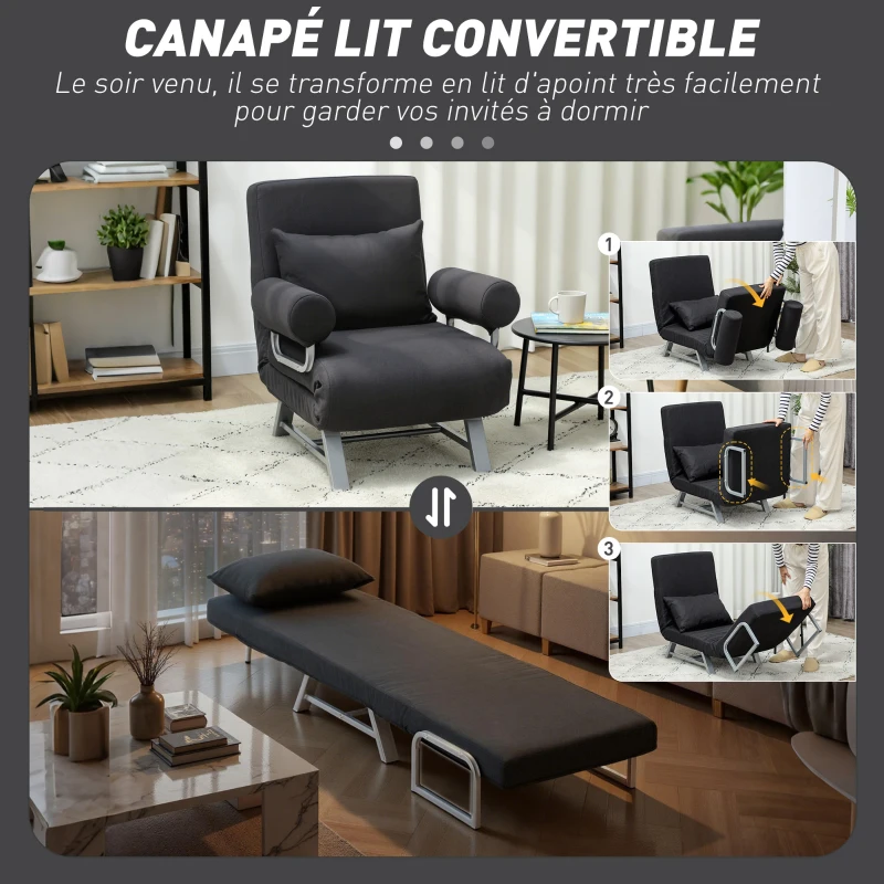 HOMCOM Fauteuil chauffeuse canapé-lit Convertible inclinable 1 Place Coussin lombaires accoudoirs piètement métal Lin Noir