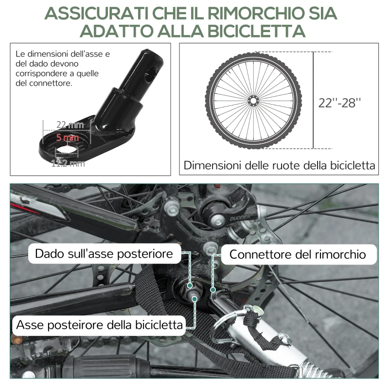 HOMCOM Carrello Bici da 70L con 2 Ruote da 16", 2 Catarifrangenti e Bandierina, in Acciaio e PE, 125x64x53.5 cm, Nero