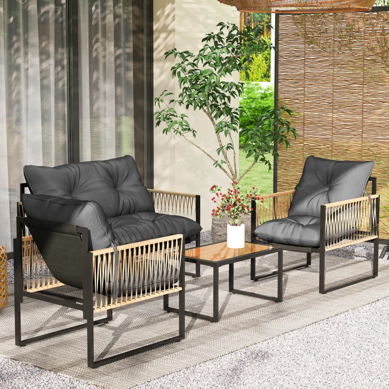 Outsunny Gartenmöbel-Set, 4-teilig, Sofa, 2 Stühle, Tisch mit Glasplatte, Metallgestell, Polyrattan, Anthrazit