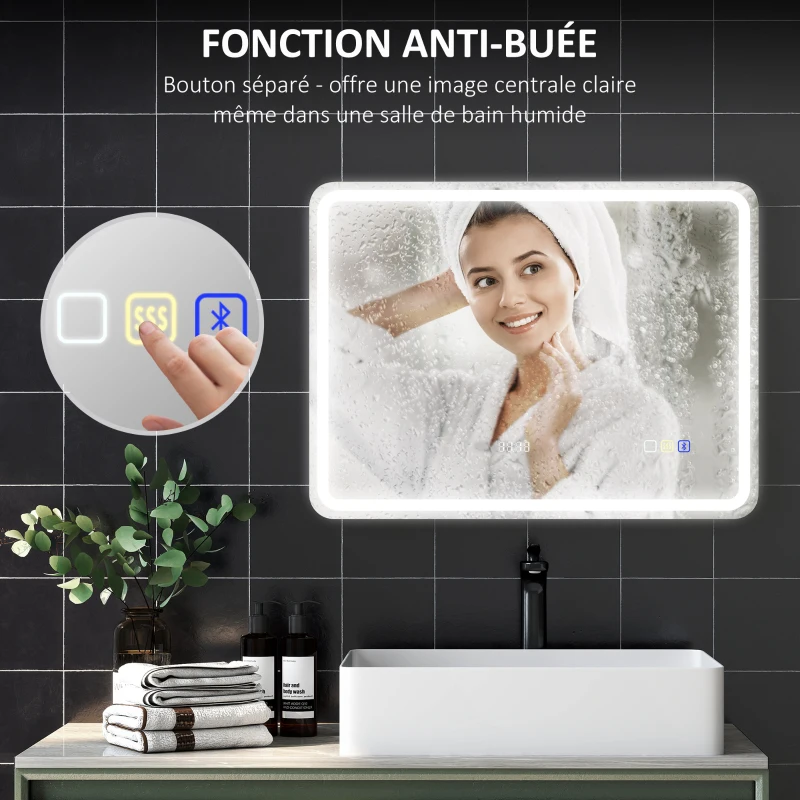 HOMCOM Miroir salle de bain Bluetooth avec éclairage LED 60 x 80 cm, miroir lumineux mural avec horloge, antibuée, argenté