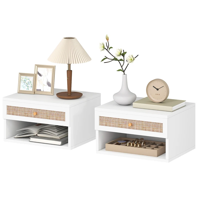 HOMCOM Set schwebender Nachttische mit Rattan-Schublade und offenem Fach für Schlafzimmer 40x34x23cm Weiß