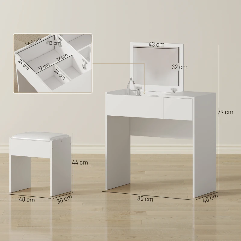 HOMCOM Postazione Trucco con Specchio Richiudibile, Toeletta Trucco Moderno, con Sgabello, Vano Contenitore a 4 Scomparti, MDF Bianco, 80x40x79 cm