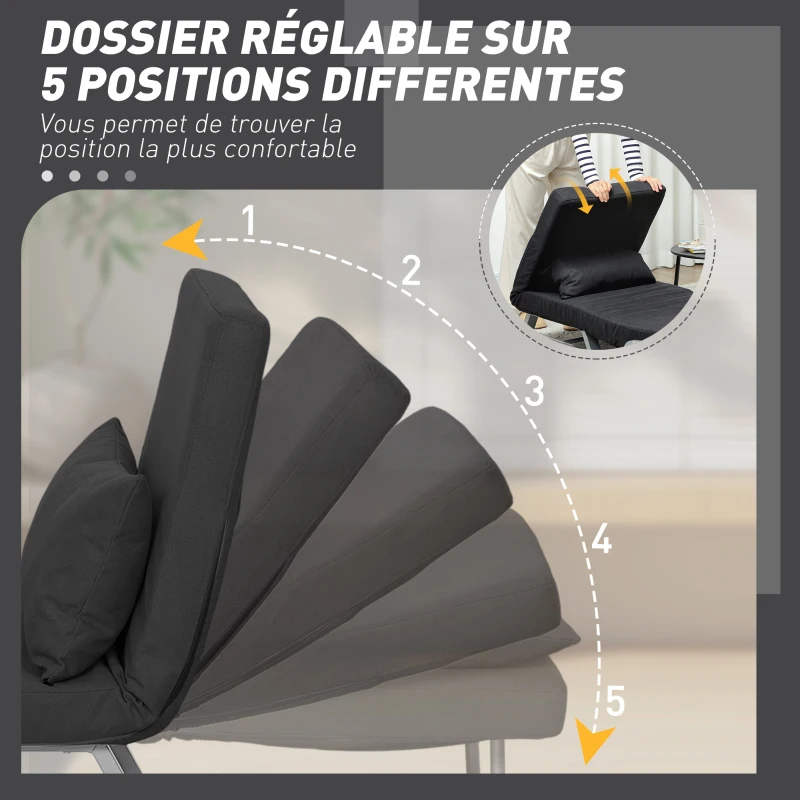 HOMCOM Fauteuil chauffeuse canapé-lit Convertible inclinable 1 Place Coussin lombaires accoudoirs piètement métal Lin Noir