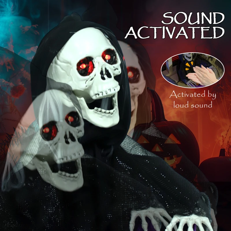 Outsunny 2pcs Animated Halloween Skull Bowl, Skeleton Ghost Skull Candy Dish with LED Eyes, Moving Body and Creepy Sound for Party Decoration, Festival Haunted Houses