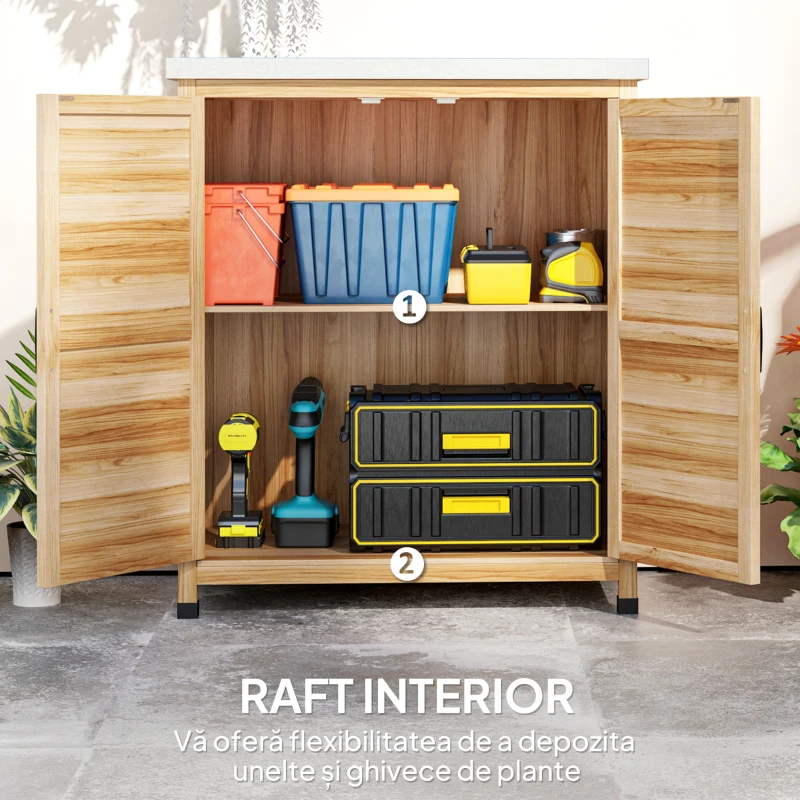 Outsunny Dulap Exterior cu Raft Intern și Banc de Lucru, Dulap de Grădină din Lemn de Brad și Oțel Zincat, 79x43x92 cm, Culoare Lemn
