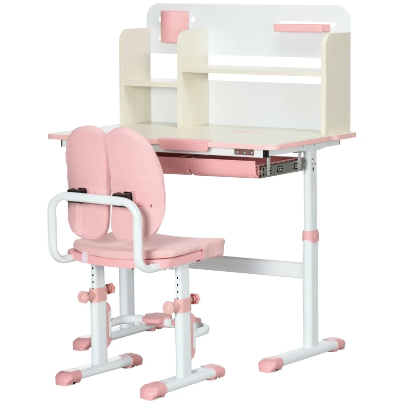 HOMCOM Ensemble bureau et chaise pour enfants hauteur réglable et plateau inclinable 0-60° table 80 x 52 x 88-109 cm rose