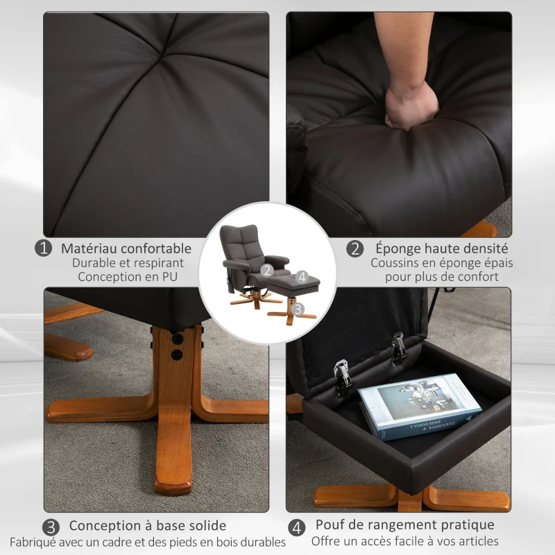 HOMCOM Fauteuil relax massant avec pouf, fauteuil de relaxation pivotant à 360°, dossier inclinable, 80 x 86 x 99 cm, marron