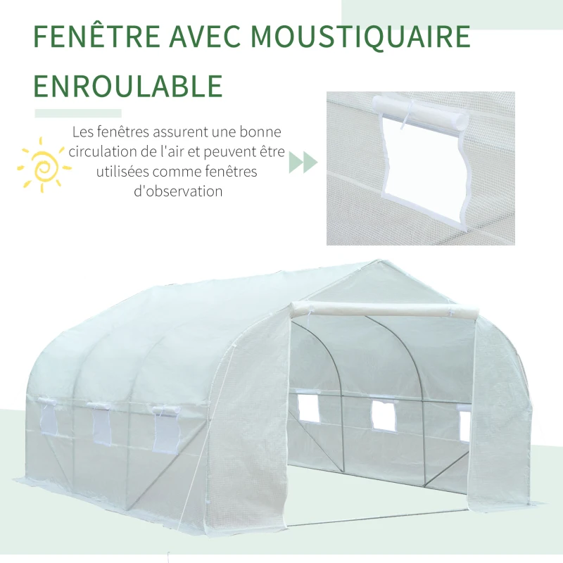 Outsunny Serre Tunnel de Jardin 13,35 m² dim. 4,5L x 3l x 2H m Porte + 6 fenêtres enroulables Acier galvanisé bâche PE Haute densité Blanc