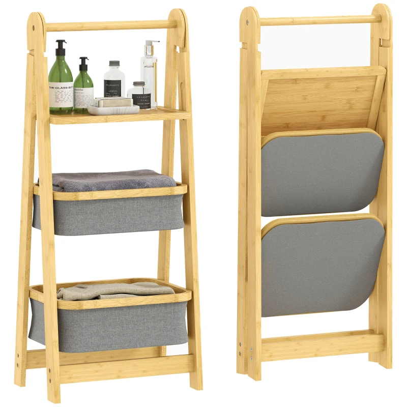 HOMCOM Estantería para Baño Plegable de Bambú con 2 Cestos para Ropa Sucia Estante Abierto Gris