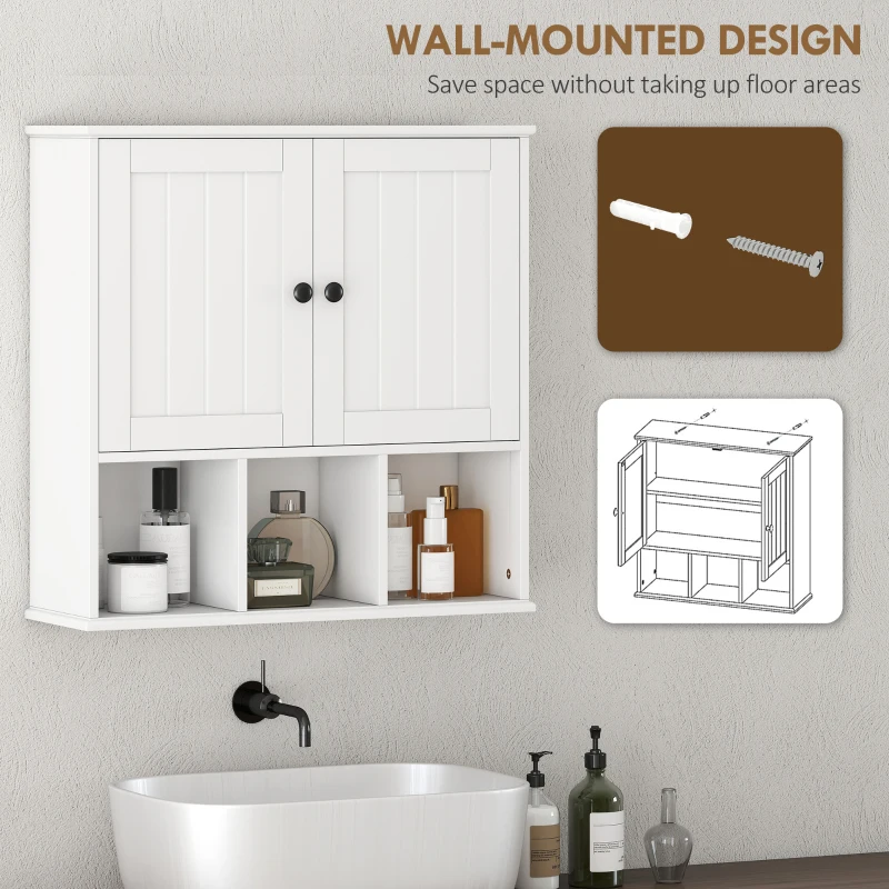 HOMCOM Farmhouse Bathroom Wall Cabinet, Wall Mounted Medicine Cabinet with Adjustable Shelf, Open Compartments, White
