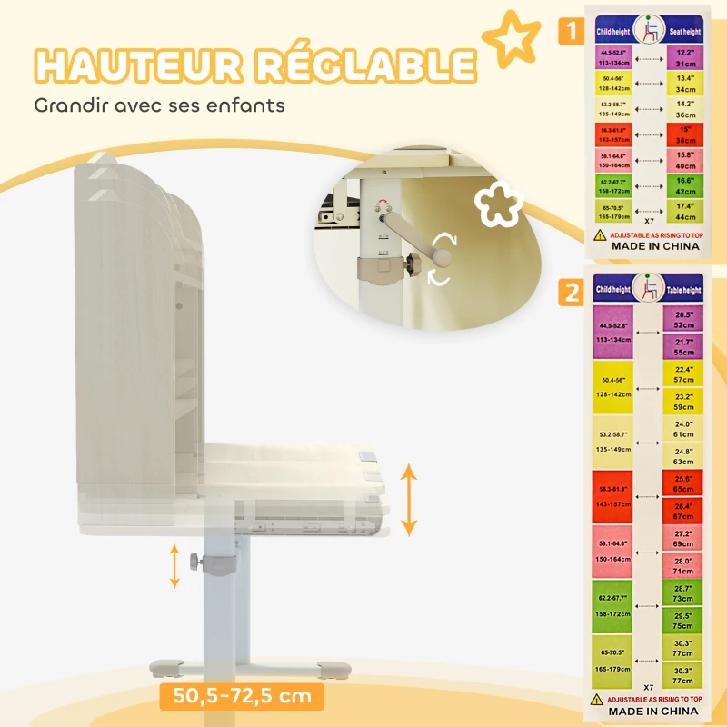 AIYAPLAY Bureau pour enfants, table d'étude réglable en hauteur avec plateau inclinable, 80 x 51 x 108,5-130,5 cm, naturel