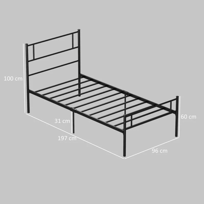 HOMCOM Single Metal Bed Frame Solid Bedstead Base with Headboard and Footboard, Metal Slat Support and Underbed Storage Space, Bedroom Furniture, Black