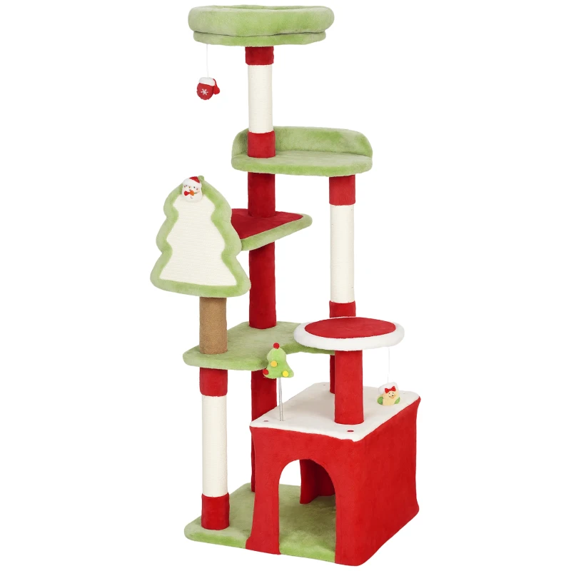 PawHut Cat Tree, 120cm Christmas Cat Tower with 3 Scratching Posts, Scratching Board, 2 Perches, Platforms, Toys, Green