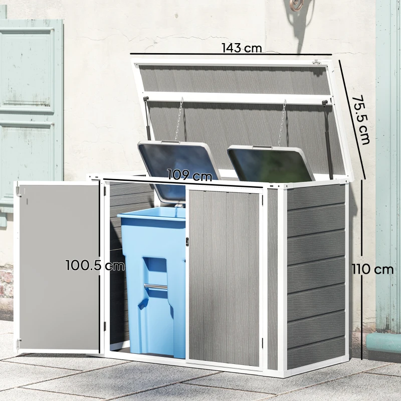 Outsunny 4.7 x 2.5FT Garden Shed, Double Bin Storage Shed with Lockable Doors, Outdoor Small Shed with Openable Lid for 2 Trash Cans, Garden Tools, Grey