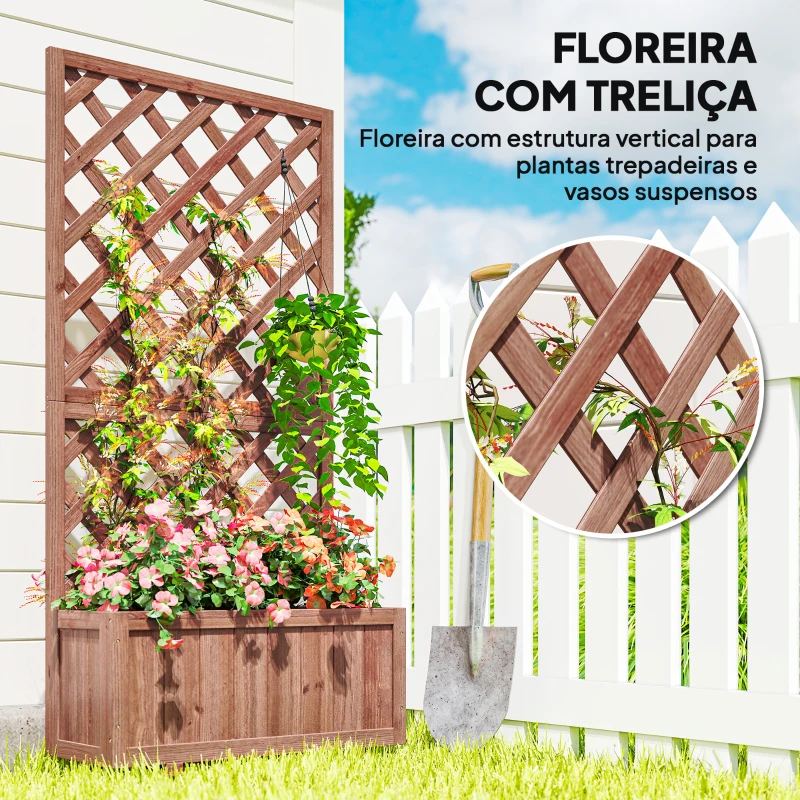 Outsunny Floreira com Treliça de Madeira Maciça Caixa de Plantio com Suporte para Plantas Trepadeiras para Cultivo de Plantas Flores 72,5x31,5x149,5 cm Natural