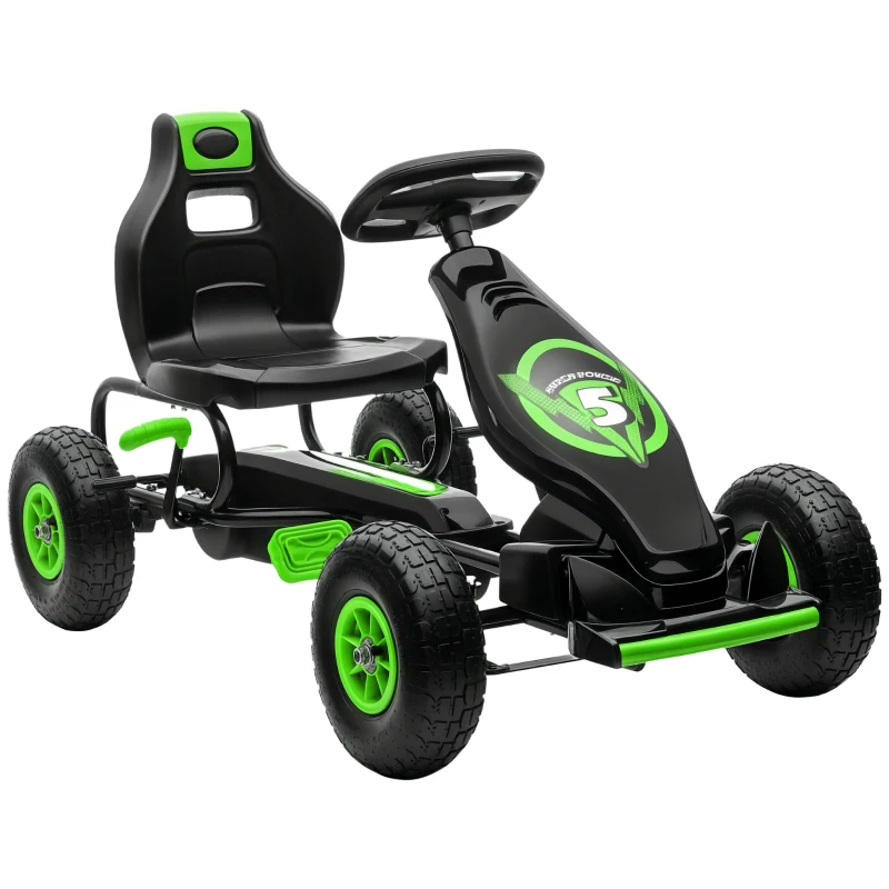 HOMCOM Kart cu Pedale pentru Copii 5-12 Ani cu Scaun Reglabil, din Metal și PP, 121x58x61 cm, Verde și Negru