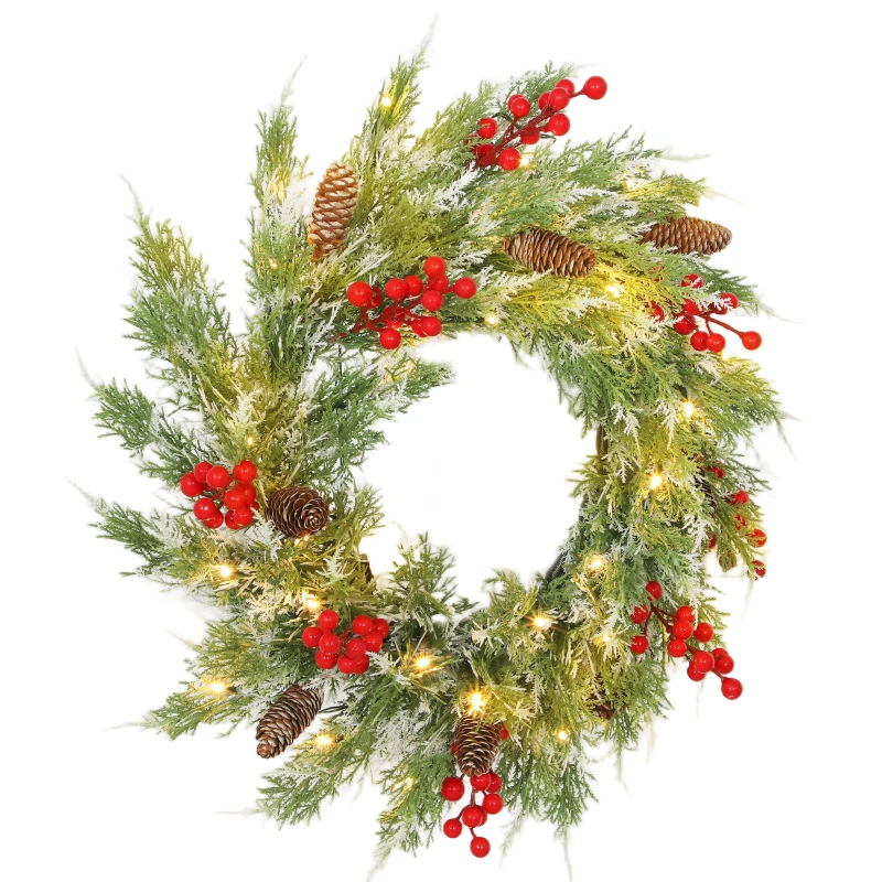 HOMCOM 60 cm Prelit Christmas Wreath, Door Wreath with Realistic Branches, 30 Warm White LEDs, Timer, Battery Operated