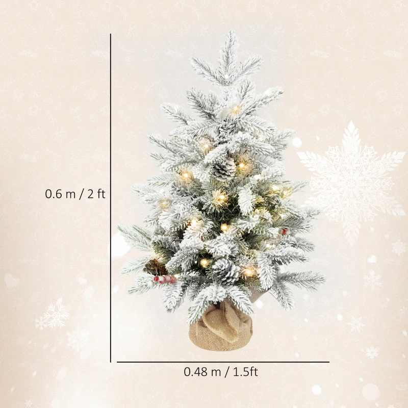HOMCOM 60 cm Prelit Small Christmas Tree with 35 LED Lights, Snow Flocked Tabletop Mini Xmas Tree with Pine Cones, Berry Clusters and Linen Cover Base, Battery Operated, Green