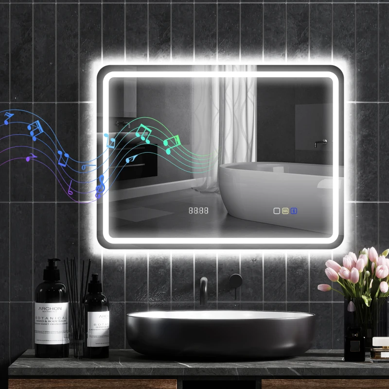 HOMCOM Miroir salle de bain Bluetooth avec éclairage LED 60 x 80 cm, miroir lumineux mural avec horloge, antibuée, argenté