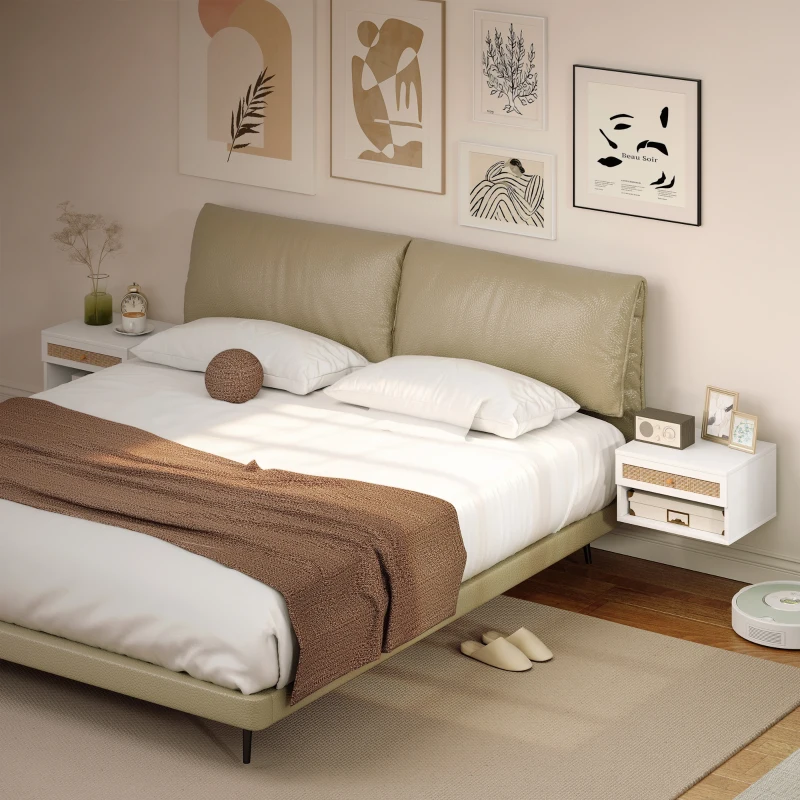 HOMCOM Set schwebender Nachttische mit Rattan-Schublade und offenem Fach für Schlafzimmer 40x34x23cm Weiß