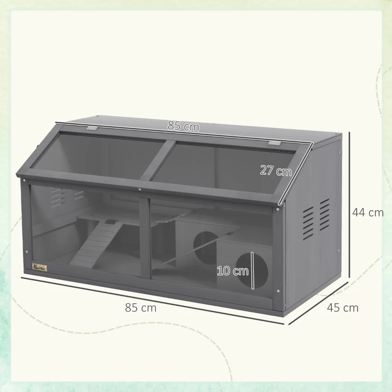 PawHut Hamster Cage, Wooden Small Animal Cage for Gerbils, Mice w/ Suspension Bridge, Openable Top, Hut, 85 x 45 x 44cm - Grey