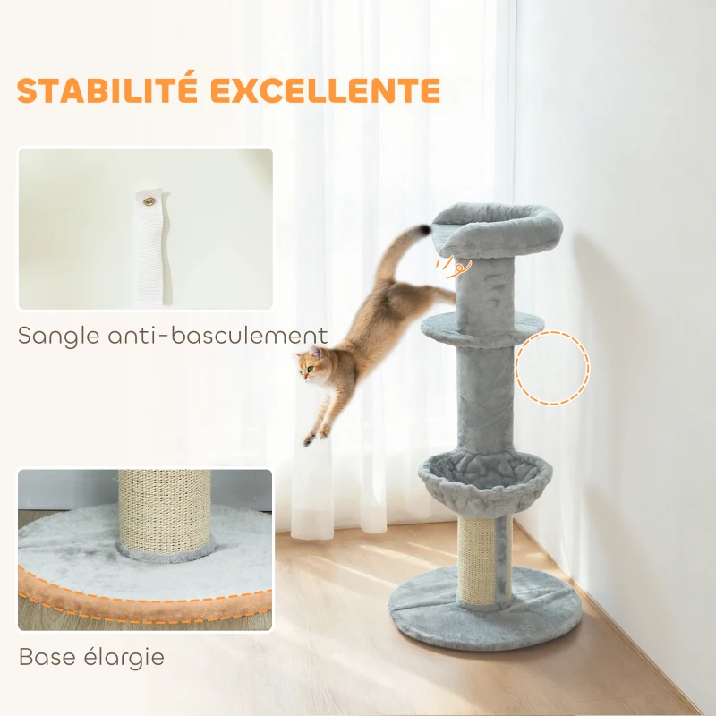 PawHut Arbre à chat tonneau à gratter pour chats griffoir en sisal, hamac, plateforme, balle jouet, Ø 48 x 103,5 cm, gris clair