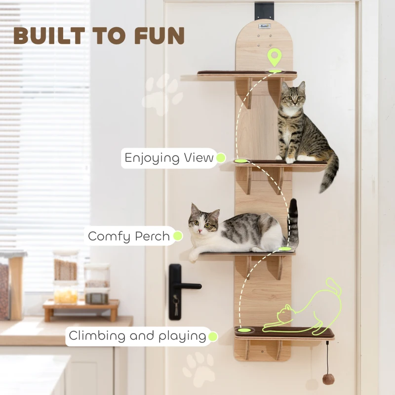 PawHut 4-Level Door Mounted Cat Tree with Washable Plush Mats, Toy Balls, Door Hanging Cat Shelf for Indoor Cats