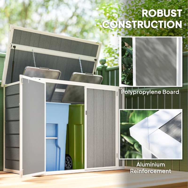 Outsunny 4.7 x 2.5FT Garden Shed, Double Bin Storage Shed with Lockable Doors, Outdoor Small Shed with Openable Lid for 2 Trash Cans, Garden Tools, Grey