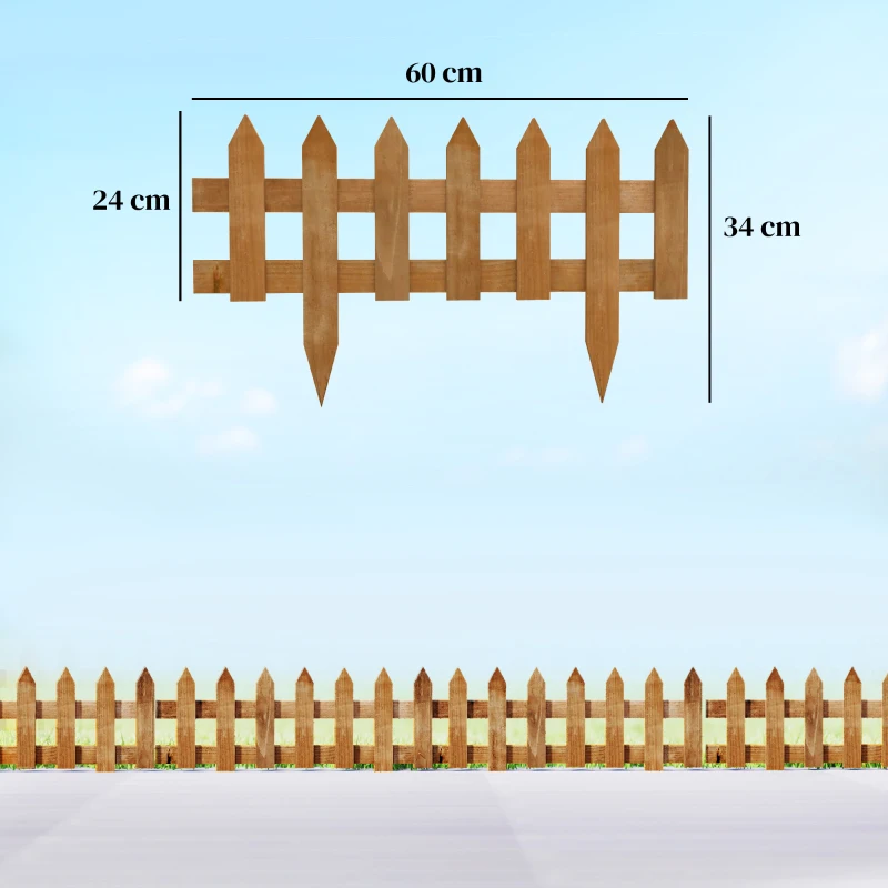 Outsunny Pack of 12 Wooden Border Fences, Garden Fixed Picket Fence for Lawn Edging, Flowerbed, 60L x 1D x 34H cm, Brown