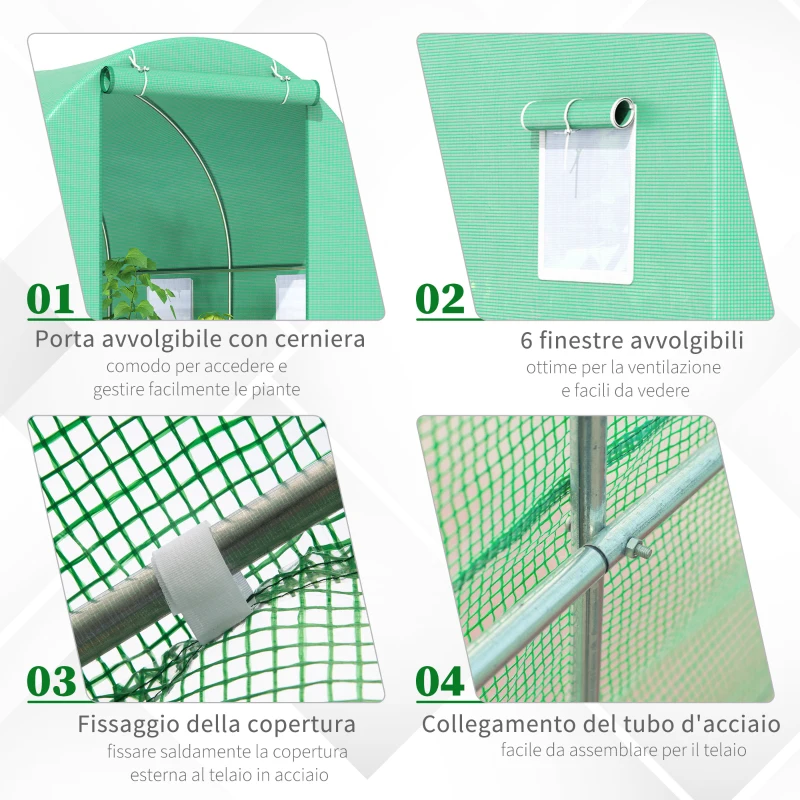 Outsunny Serra a Tunnel da Giardino 4.5x2x2 m con Tetto Arrotondato, in PE e Metallo, Verde