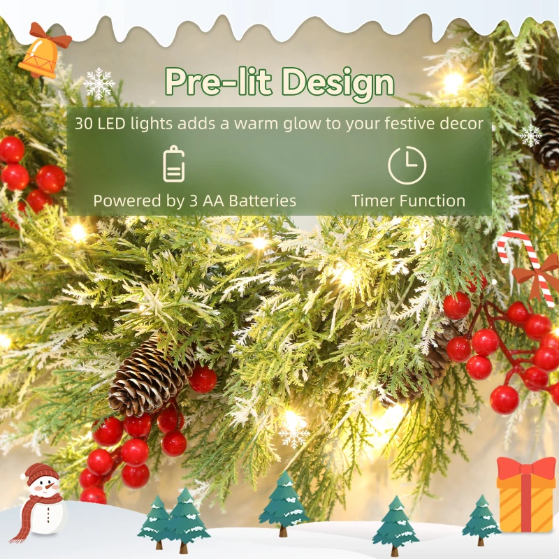 HOMCOM 60 cm Prelit Christmas Wreath, Door Wreath with Realistic Branches, 30 Warm White LEDs, Timer, Battery Operated