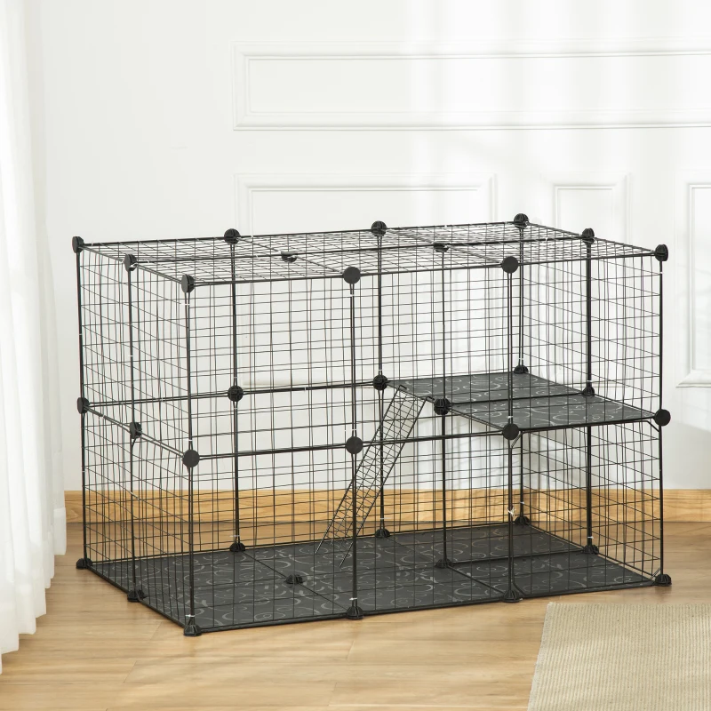 PawHut Enclos pour petits animaux, cage à lapin modulable 3 niveaux, 39 panneaux avec  rampes, en métal, 70 x 70 x 105 cm, noir