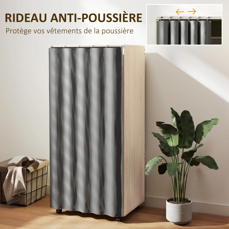 HOMCOM Armoire penderie armoire de rangement mobile avec rideau, tringle de suspension, 60 x 40 x 128 cm, effet bois naturel