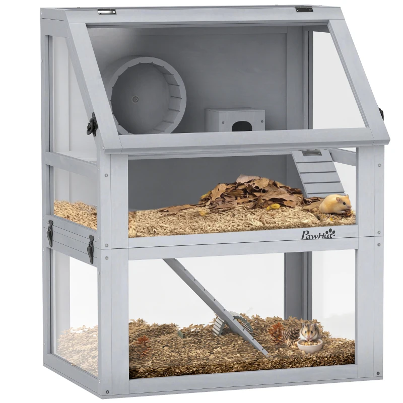 PawHut Wooden Hamster Cage with Detachable 32cm Deep Bottom, Hut, Seesaw, Exercise Wheel, Ramp, 60 x 40 x 75cm, Light Grey