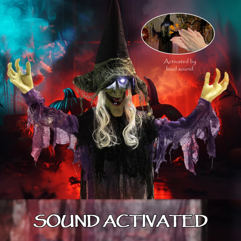 Outsunny 183 cm Life Size Halloween Animated Hanging Witch with Glowing LED Eyes, Spooky Witch Scary Halloween Decorations, Battery Operated, Indoor Party Props
