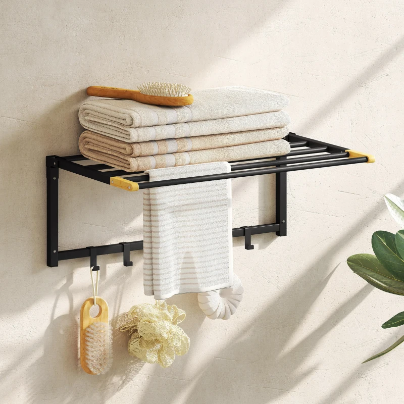 HOMCOM Portasciugamani da Parete, Pieghevole con 5 Barre e 6 Ganci 60 cm Nero